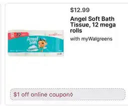 Walgreens Angel Soft Bath Tissue, 12 mega rolls offer