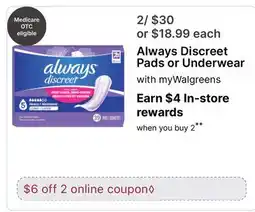 Walgreens Always Discreet Pads or Underwear offer
