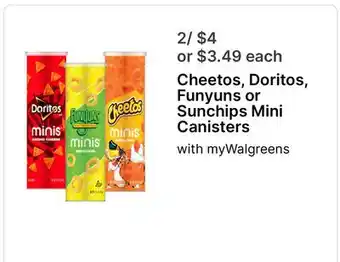 Walgreens Cheetos, Doritos, Funyuns or Sunchips Mini Canisters offer