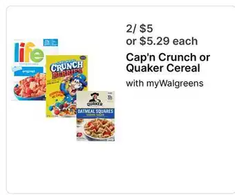 Walgreens Cap'n Crunch or Quaker Cereal offer