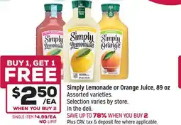 Grocery Outlet Simply Lemonade or Orange Juice, 89 oz offer