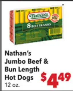 Vallarta Supermarkets Nathan's Jumbo Beef & Bun Length Hot Dogs offer