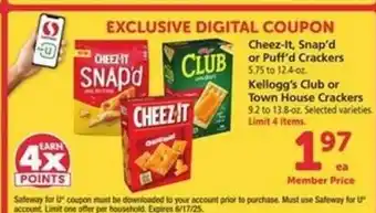 Safeway Cheez-It, Snap'd or Puff'd Crackers & Kellogg's Club or Town House Crackers offer