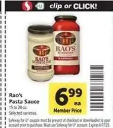 Safeway Rao's Pasta Sauce offer
