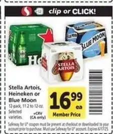 Safeway Stella Artois, Heineken or Blue Moon offer