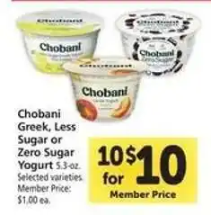 Safeway Chobani Greek, Less Sugar or Zero Sugar Yogurt offer