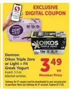 Safeway Dannon Oikos Triple Zero or Light + Fit Greek Yogurt offer