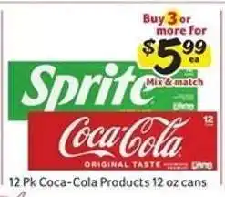 Winn Dixie 12 Pk Coca-Cola Products 12 oz cans offer
