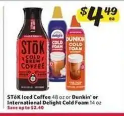 Winn Dixie STōK Iced Coffee or Dunkin' or International Delight Cold Foam offer