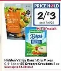 Winn Dixie Hidden Valley Ranch Dry Mixes or SE Grocers Croutons offer