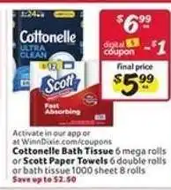 Winn Dixie Cottonelle Bath Tissue or Scott Paper Towels offer