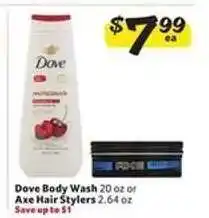 Winn Dixie Dove Body Wash or Axe Hair Stylers offer