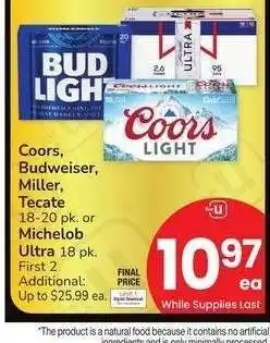 Albertsons Coors, Budweiser, Miller, Tecate 18-20 pk. or Michelob Ultra 18 pk offer