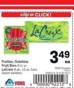 Albertsons Frollies, Outshine Fruit Bars 6 ct. or LaCroix 8 pk., 12 oz. Cans - Select Varieties offer