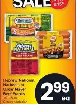 Albertsons Hebrew National, Nathan's or Oscar Mayer Beef Franks - 10-15 oz. Select Varieties offer