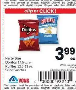 Albertsons Party Size Doritos 14.5 oz. or Ruffles 12.5-13 oz. - Select Varieties offer