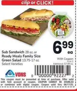 Albertsons Sub Sandwich 28 oz. or Ready Meals Family Size Green Salad 13.75-17 oz. - Select Varieties offer