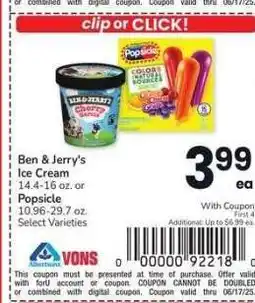 Albertsons Ben & Jerry's Ice Cream 14.4-16 oz. or Popsicle 10.96-29.7 oz. - Select Varieties offer