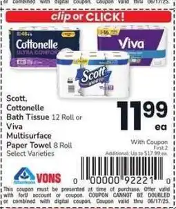 Albertsons Scott, Cottonelle Bath Tissue 12 Roll or Viva Multisurface Paper Towel 8 Roll - Select Varieties offer