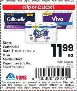 Albertsons Scott, Cottonelle Bath Tissue 12 Roll or Viva Multisurface Paper Towel 8 Roll - Select Varieties offer
