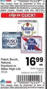 Albertsons Pabst, Busch, Natural, Keystone or Miller High Life - 30 pk offer