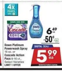 Albertsons Dawn Platinum Powerwash Spray 16 oz. or Cascade Action Pacs 9-16 ct. - Select Varieties offer
