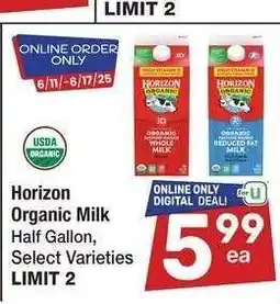 Albertsons Horizon Organic Milk - Half Gallon, Select Varieties offer