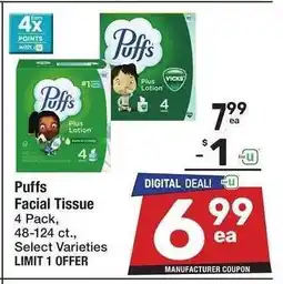 Albertsons Puffs Facial Tissue* - 4 Pack, 48-124 ct., Select Varieties offer