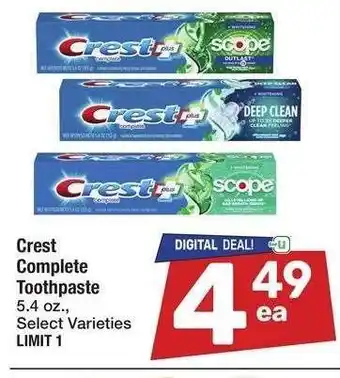 Albertsons Crest Complete Toothpaste - 5.4 oz., Select Varieties offer