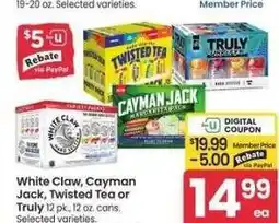 Albertsons White Claw, Cayman Jack, Twisted Tea or Truly - 12 pk., 12 oz. cans. Selected varieties offer