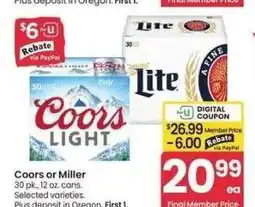 Albertsons Coors or Miller - 30 pk., 12 oz. cans. Selected varieties offer