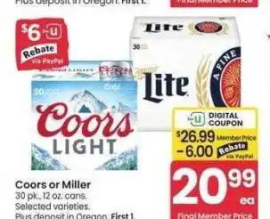 Albertsons Coors or Miller - 30 pk., 12 oz. cans. Selected varieties offer