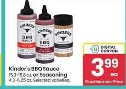 Albertsons Kinder's BBQ Sauce 15.3-15.8 oz. or Seasoning 4.3-6.25 oz. - Selected varieties offer
