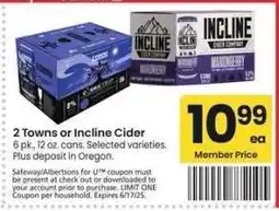 Albertsons 2 Towns or Incline Cider - 6 pk., 12 oz. cans. Selected varieties offer