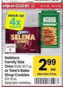 Albertsons Nabisco Family Size Oreo 10.68-18.71 oz. or Tate's Bake Shop Cookies 5.5-8 oz. - Selected varieties offer
