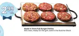 Albertsons Made In-Store Pub Burger Patties - 85% lean, ready for the grill, sold in the Butcher Block offer