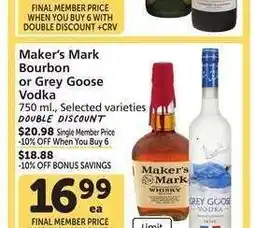 Albertsons Maker's Mark Bourbon or Grey Goose Vodka - 750 ml., Selected varieties $20.98 Single Member Price offer