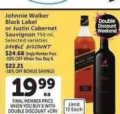 Albertsons Johnnie Walker Black Label or Justin Cabernet Sauvignon - 750 ml. Selected varieties offer