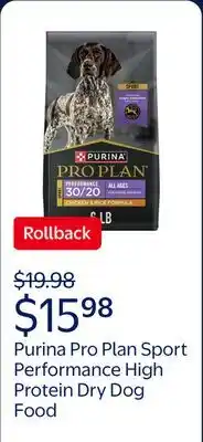 Walmart Purina Pro Plan Sport Performance 30/20 Chicken and Rice High Protein Dog Food Dry Formula offer