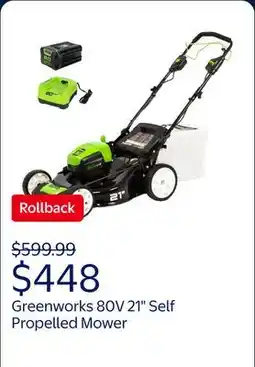 Walmart Greenworks 80V 21 Self Propelled Mower, 5Ah Battery and Charger 2502402NV​ offer