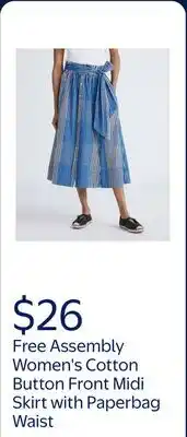 Walmart Free Assembly Women's and Women's Plus Cotton Button Front Midi Skirt with Paperbag Waist offer