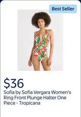 Walmart Sofia by Sofia Vergara Women's and Women's Plus Ring Front Plunge Halter One Piece with Curvetex offer