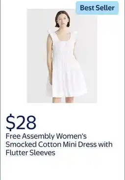 Walmart Free Assembly Women's and Women's Plus Smocked Cotton Mini Dress with Flutter Sleeves offer