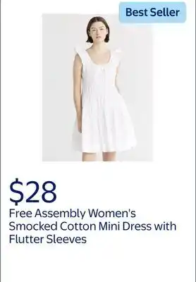 Walmart Free Assembly Women's and Women's Plus Smocked Cotton Mini Dress with Flutter Sleeves offer