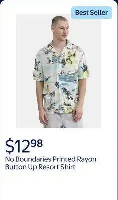 Walmart No Boundaries Printed Rayon Button Up Resort Shirt with Short Sleeves, Men's & Big Men's offer