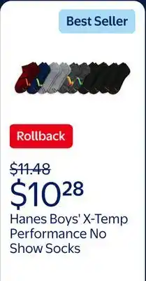 Walmart Hanes Boys' X-Temp Performance No Show Socks offer