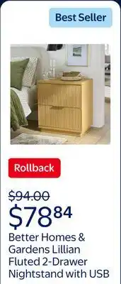 Walmart Better Homes & Gardens Lillian Fluted 2-Drawer Nightstand with USB, Natural Pine offer