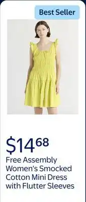 Walmart Free Assembly Women's and Women's Plus Smocked Cotton Mini Dress with Flutter Sleeves offer