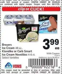 Albertsons Breyers Ice Cream 48 oz., Klondike or Carb Smart Ice Cream Novelties 4-6 ct. - Select Varieties offer