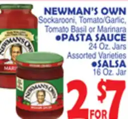 Bravo Supermarkets NEWMAN'S OWN Sockarooni, Tomato/Garlic, Tomato Basil or Marinara PASTA SAUCE offer